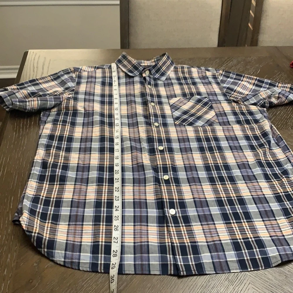 Banana Republic blue & orange plaid short sleeve button down shirt